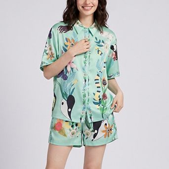 Women's 2 pc Botanical Short Pajama Set with Button Front Top and Matching Shorts