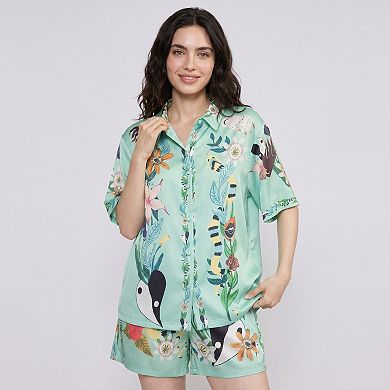 Women's 2-Piece Botanical Short Pajama Set with Button Front Top and Matching Shorts