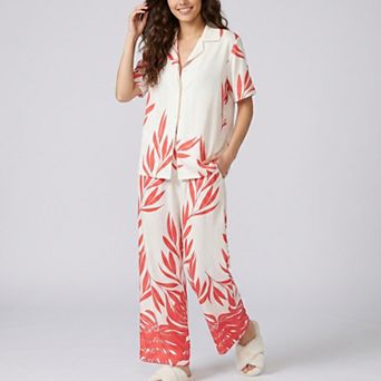 Women's 2 pc Botanical Print Pajama Set with Short Sleeve Button Top and Wide Leg Pants