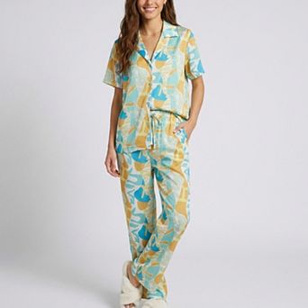Women's 2 pc Abstract Print Pajama Set with Short Sleeve Button Top and Wide Leg Pants