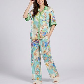Women's 2 pc Paisley Floral Pajama Set with Short Sleeve Button Top and Wide Leg Pants