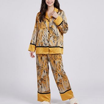 Women's 2 pc Tiger Print Pajama Set with Button Front Top and Wide Leg Pants