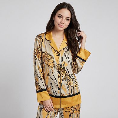Women's 2-Piece Tiger Print Pajama Set with Button Front Top and Wide Leg Pants
