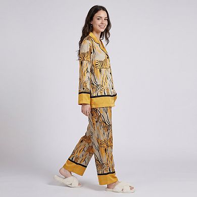 Women's 2-Piece Tiger Print Pajama Set with Button Front Top and Wide Leg Pants