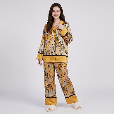Women's 2-Piece Tiger Print Pajama Set with Button Front Top and Wide Leg Pants