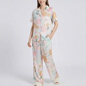 Women's 2 pc Soft Floral Pajama Set with Short Sleeve Button Top and Wide Leg Pants
