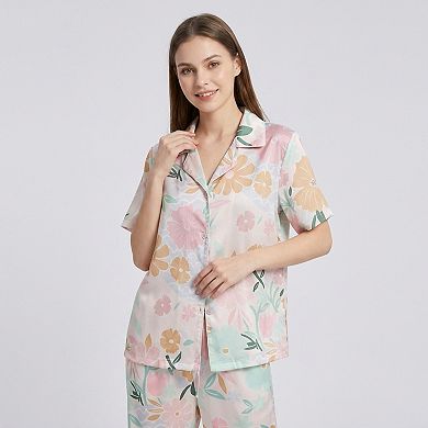 Women's 2-Piece Soft Floral Pajama Set with Short Sleeve Button Top and Wide Leg Pants
