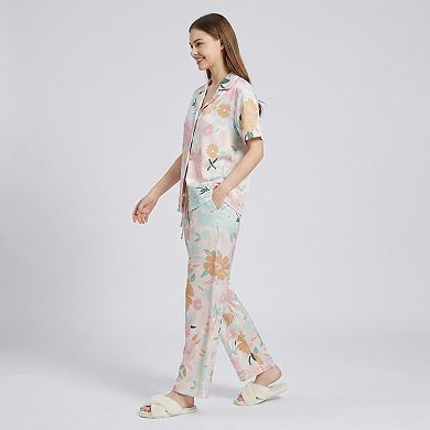 Women's 2-Piece Soft Floral Pajama Set with Short Sleeve Button Top and Wide Leg Pants