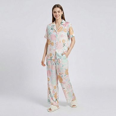 Women's 2-Piece Soft Floral Pajama Set with Short Sleeve Button Top and Wide Leg Pants