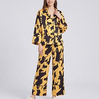 Women's 2 pc Abstract Print Pajama Set with Button Front Top and Wide Leg Pants