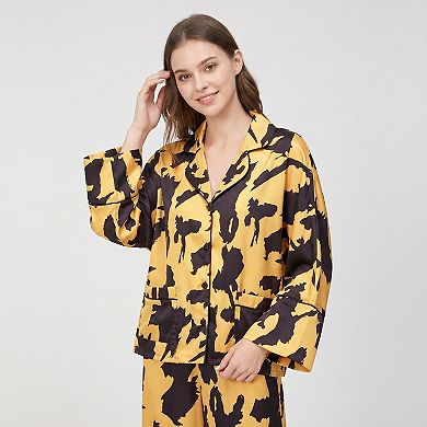 Women's 2-Piece Abstract Print Pajama Set with Button Front Top and Wide Leg Pants