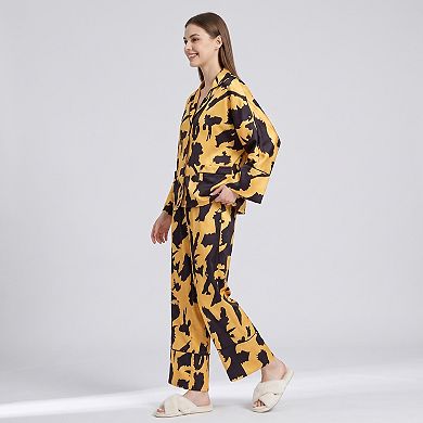 Women's 2-Piece Abstract Print Pajama Set with Button Front Top and Wide Leg Pants