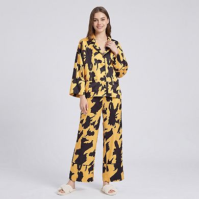 Women's 2-Piece Abstract Print Pajama Set with Button Front Top and Wide Leg Pants
