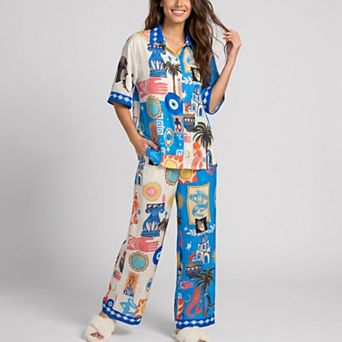 Women's 2 pc Travel Print Pajama Set with Short Sleeve Button Top and Wide Leg Pants