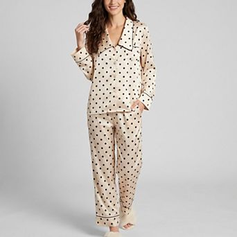 Women's 2 pc Polka Dot Pajama Set with Button Front Top and Wide Leg Pants