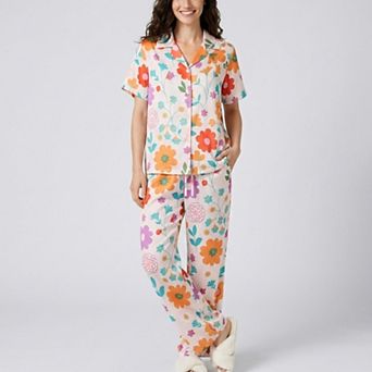 Women's 2 pc Floral Pajama Set with Short Sleeve Button Top and Wide Leg Pants