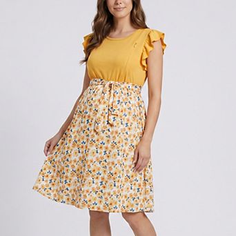 Women's Flutter Sleeve Maternity Dress with Floral Skirt and Tie Waist