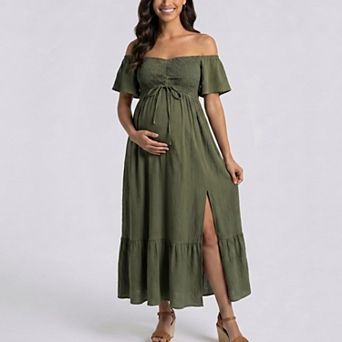 Women's Off Shoulder Maternity Maxi Dress with Smocked Bodice and Front Slit