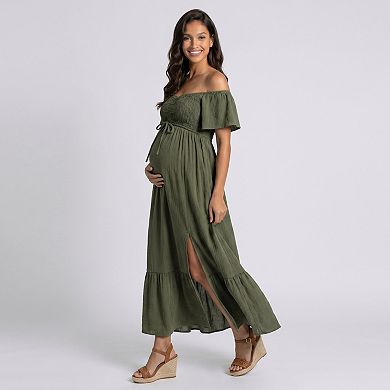 Women's Off Shoulder Maternity Maxi Dress with Smocked Bodice and Front Slit