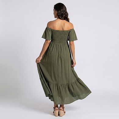 Women's Off Shoulder Maternity Maxi Dress with Smocked Bodice and Front Slit