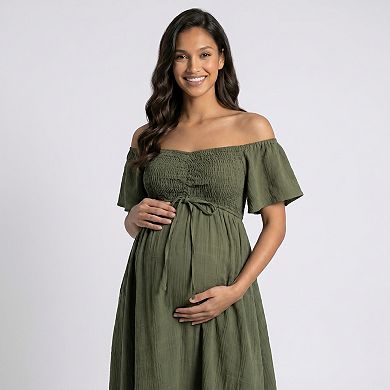 Women's Off Shoulder Maternity Maxi Dress with Smocked Bodice and Front Slit