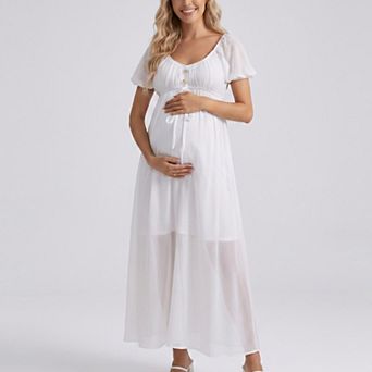 Women's Puff Sleeve Maternity Maxi Dress with Button Front and Tie Detail