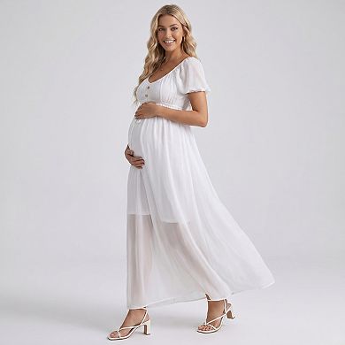 Women's Puff Sleeve Maternity Maxi Dress with Button Front and Tie Detail