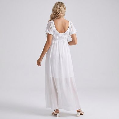 Women's Puff Sleeve Maternity Maxi Dress with Button Front and Tie Detail