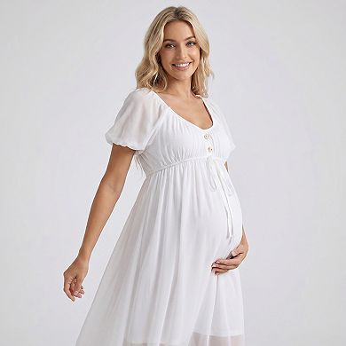 Women's Puff Sleeve Maternity Maxi Dress with Button Front and Tie Detail