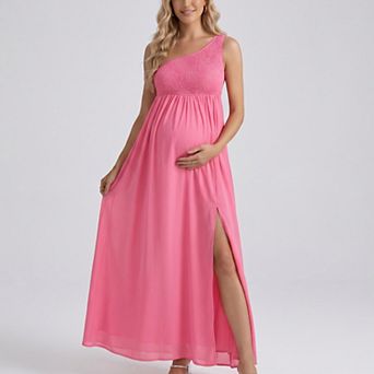 Women's One Shoulder Maternity Maxi Dress with Smocked Bodice and Flowing Skirt