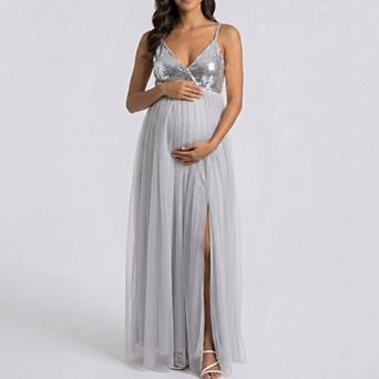 Women's Sequin Bodice Maternity Maxi Dress with Tulle Skirt and Front Slit