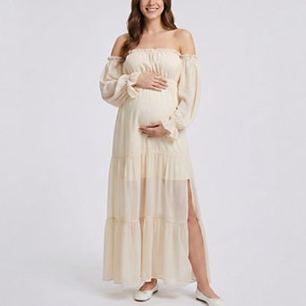 Women's Off Shoulder Maternity Maxi Dress with Sheer Long Sleeves and Tiered Skirt