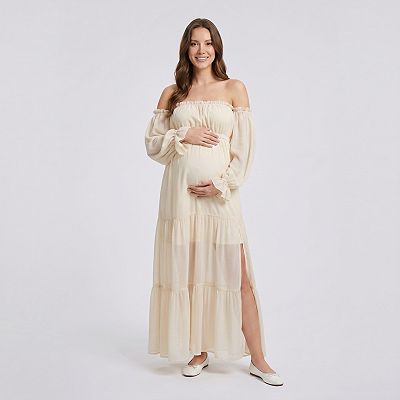 white long sleeve off the shoulder maternity dress Momyknows Ruffle Off Shoulder Long Sleeve Bodycon Baby Shower Maternity Midi Dress, Apricot / XL