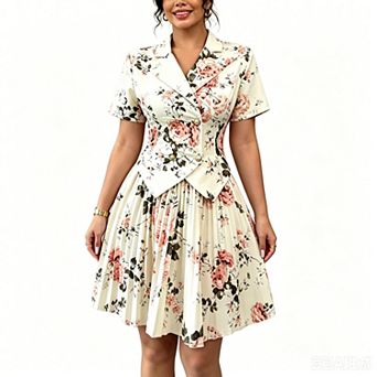 Women's Floral Print Blazer Dress Short Sleeve Pleated A-Line Cocktail Party Dress