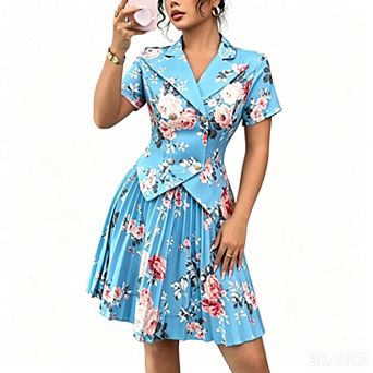 Women's Floral Print Blazer Dress Short Sleeve Pleated A-Line Cocktail Party Dress