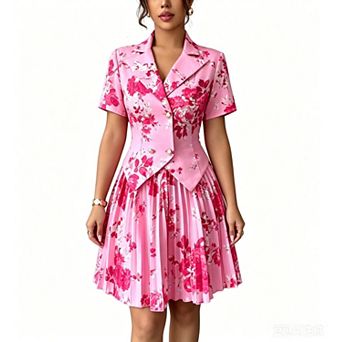Women's Floral Print Blazer Dress Short Sleeve Pleated A-Line Cocktail Party Dress