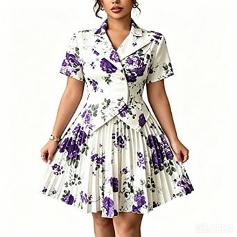 Women's Floral Print Blazer Dress Short Sleeve Pleated A-Line Cocktail Party Dress