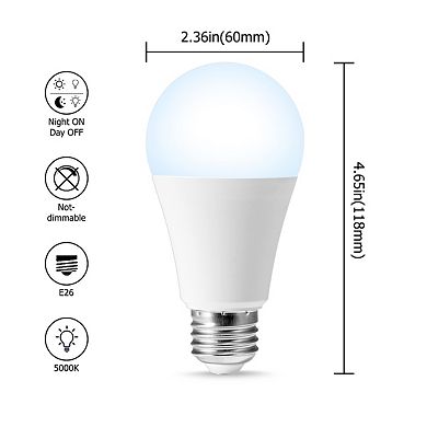 Dusk to Dawn Sensor LED Bulb 100W Equivalent, A19 E26 5000K Daylight 12W Security Light, 2 Pack
