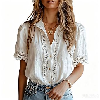 Lace Trim Collared Short Sleeve Casual Blouse Top