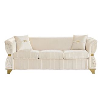 ZWYO HOSIMU Velvet Upholstered 3-Seater Sofa with Gold Metal Trim, Curved Armrests and 2 Pillows