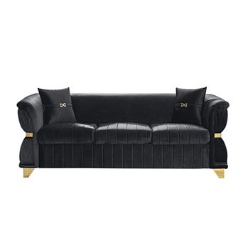 ZWYO HOSIMU Velvet Upholstered 3-Seater Sofa with Gold Metal Trim, Curved Armrests and 2 Pillows