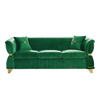ZWYO HOSIMU Velvet Upholstered 3-Seater Sofa with Gold Metal Trim, Curved Armrests and 2 Pillows