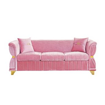 ZWYO HOSIMU Velvet Upholstered 3-Seater Sofa with Gold Metal Trim, Curved Armrests and 2 Pillows
