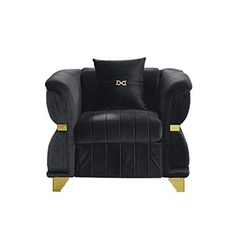 ZWYO HOSIMU Velvet Upholstered Single Sofa Chair with Gold Metal Trim, Curved Armrests and Pillow