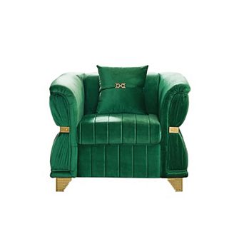 ZWYO HOSIMU Velvet Upholstered Single Sofa Chair with Gold Metal Trim, Curved Armrests and Pillow