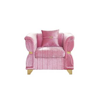 ZWYO HOSIMU Velvet Upholstered Single Sofa Chair with Gold Metal Trim, Curved Armrests and Pillow