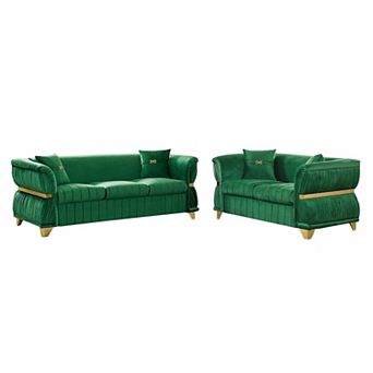 ZWYO HOSIMU Velvet Upholstered 2 pc Sofa Set with Gold Metal Trim, Curved Armrests and 4 Pillows