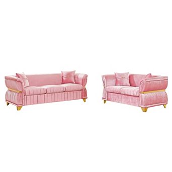 ZWYO HOSIMU Velvet Upholstered 2 pc Sofa Set with Gold Metal Trim, Curved Armrests and 4 Pillows