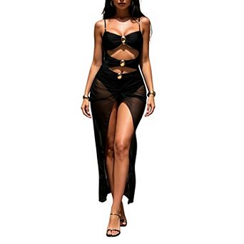 Women's Cutout Metal Accent One-Piece Swimsuit with Mesh Cover Up Skirt
