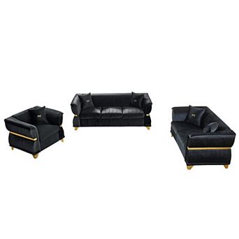 ZWYO HOSIMU Velvet Upholstered 3 pc Sofa Set with Gold Metal Trim, Curved Armrests and 5 Pillows